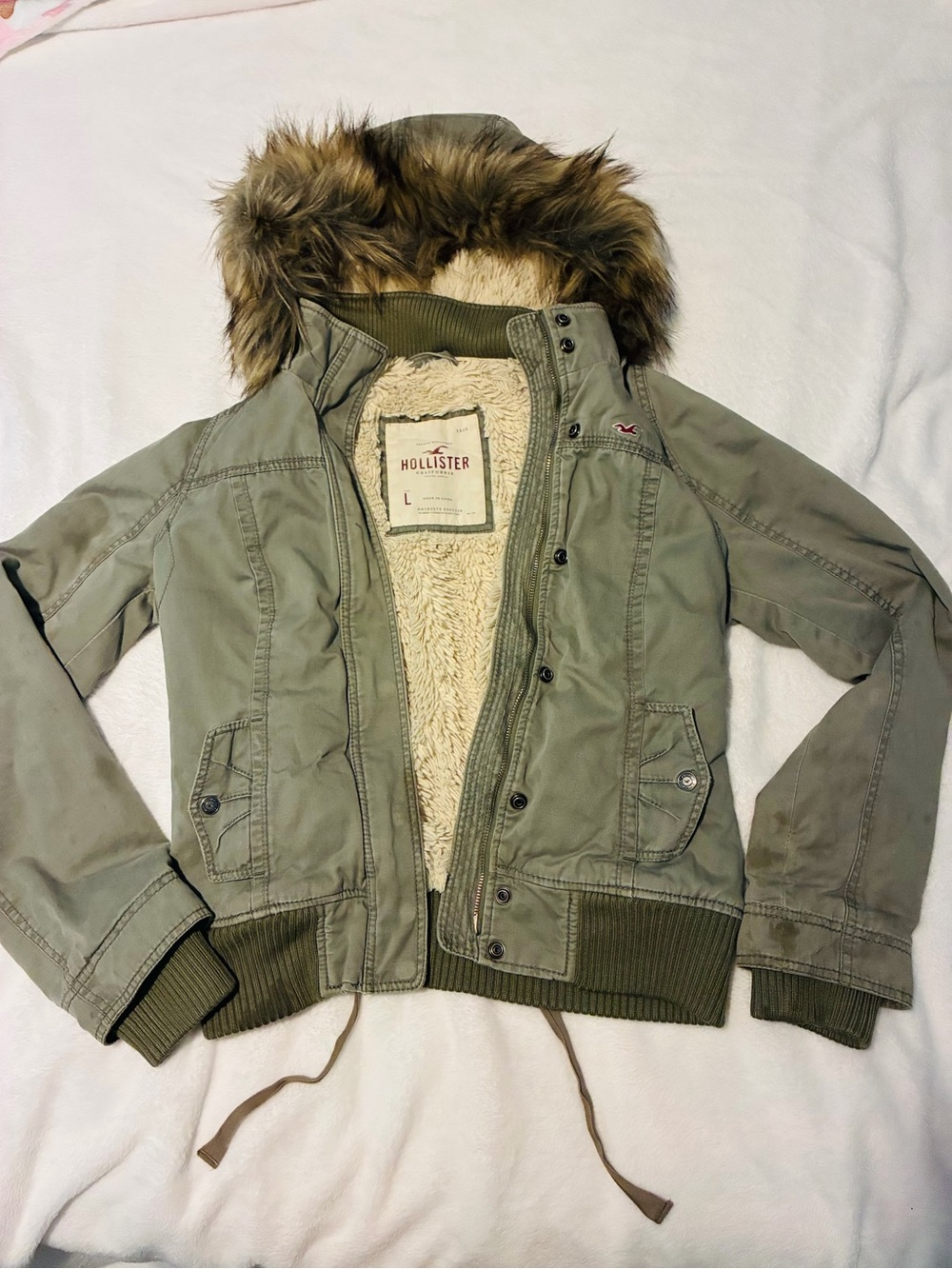 Hollister Olive Green Bomber Jacket with Faux Fur Hood